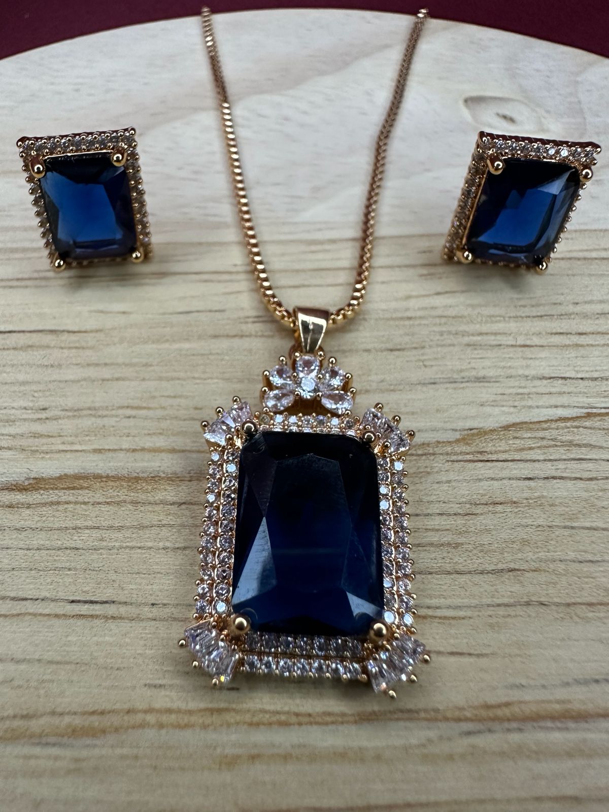Sapphire Blue Crystal Halo Necklace & Earring Set | Royal Blue Jewellery Set for Women