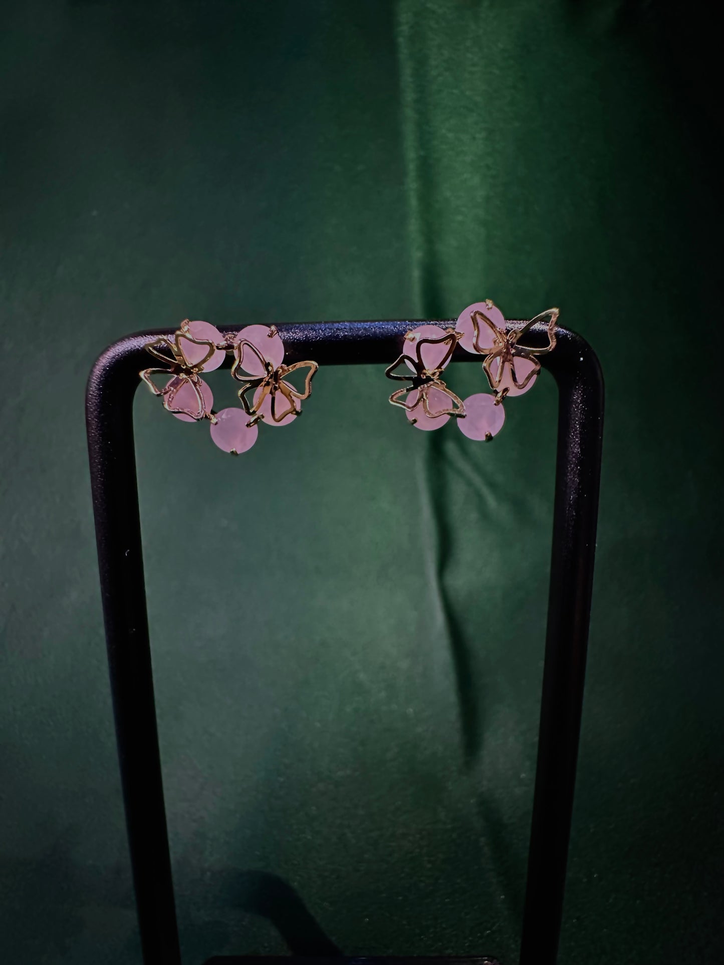 Rose Gold Pink Stone Bow Cluster Earrings