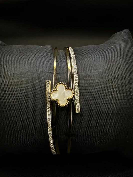 Luxury Gold-Tone Mother of Pearl Clover Open Cuff Bracelet with Zircon Crystals