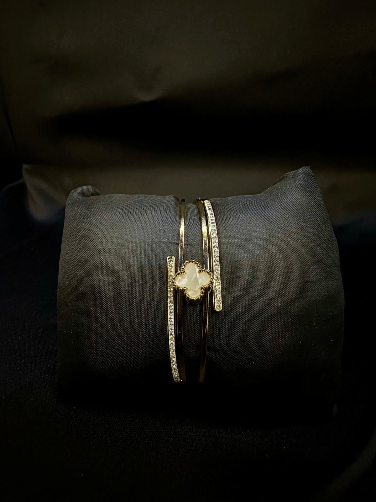 Luxury Gold-Tone Mother of Pearl Clover Open Cuff Bracelet with Zircon Crystals