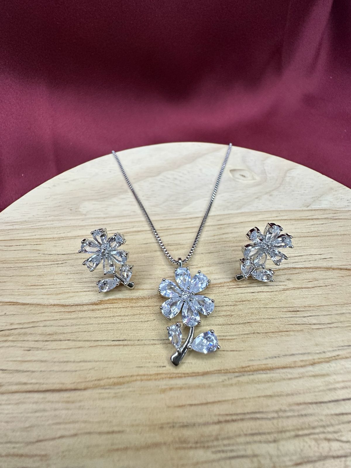 Silver Floral Crystal Necklace & Earring Set | Crystal Flower Jewellery Set for Women