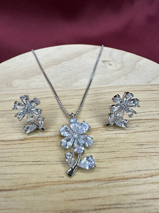 Silver Floral Crystal Necklace & Earring Set | Crystal Flower Jewellery Set for Women