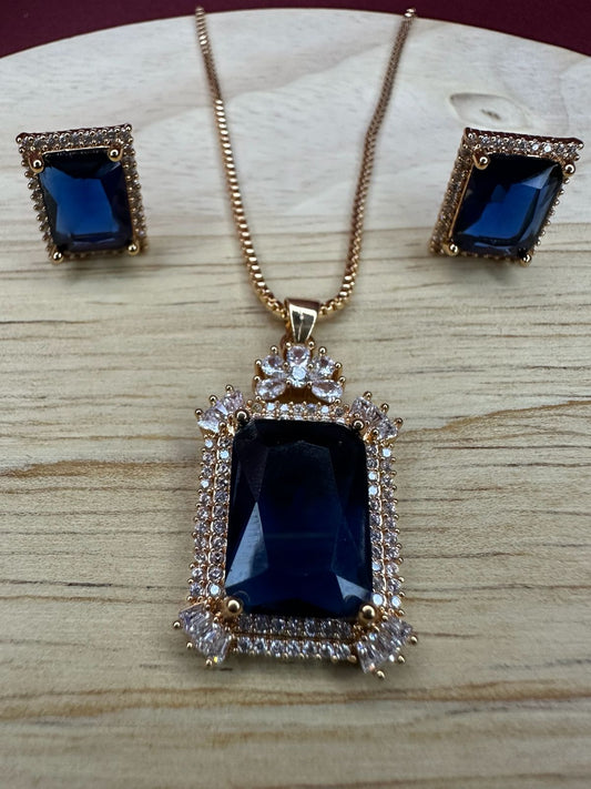 Sapphire Blue Crystal Halo Necklace & Earring Set | Royal Blue Jewellery Set for Women