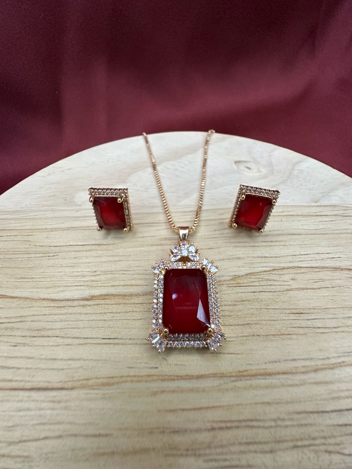 Ruby Red Crystal Halo Necklace & Earring Set | Statement Red Jewellery Set for Women