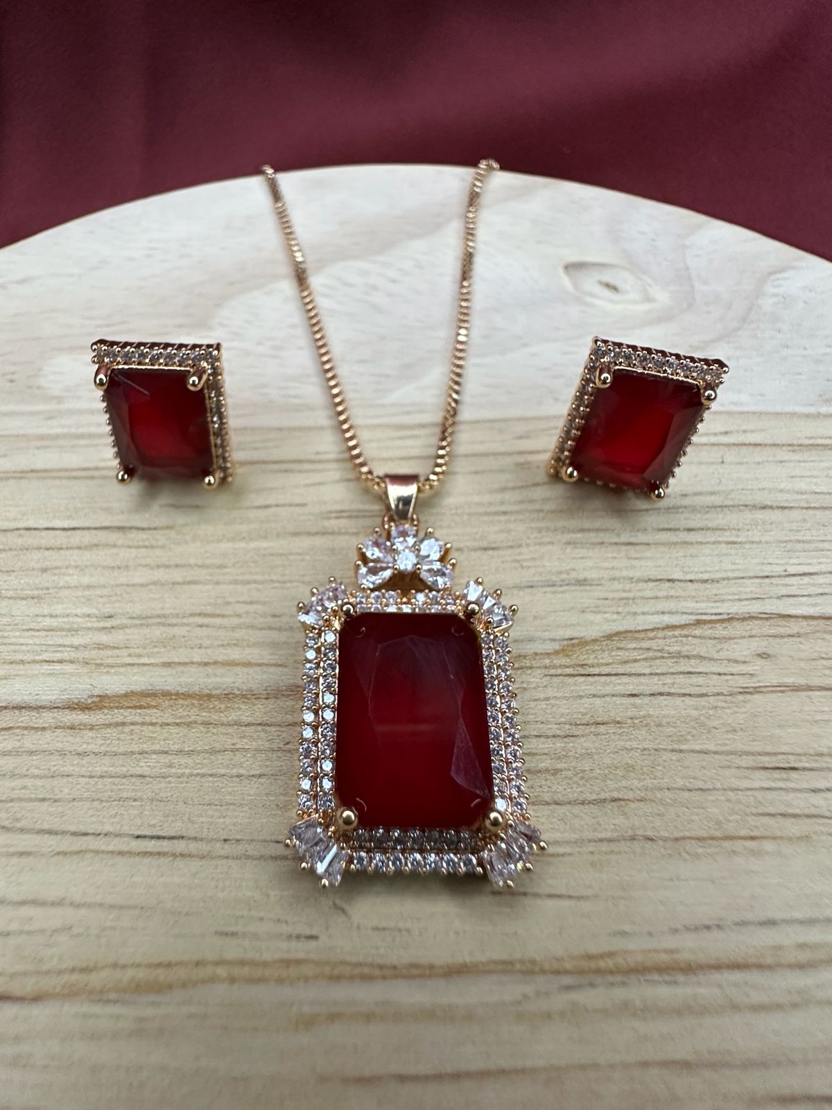 Ruby Red Crystal Halo Necklace & Earring Set | Statement Red Jewellery Set for Women
