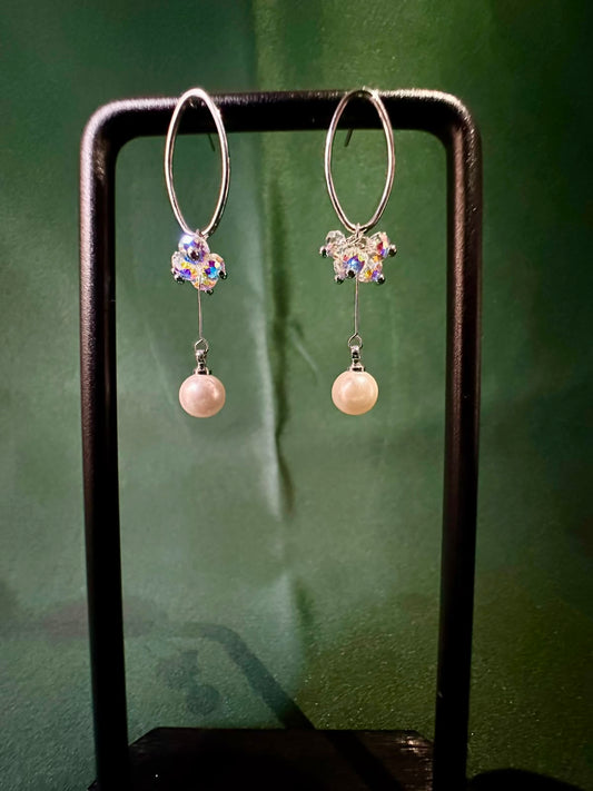 Iridescent Crystal Cluster & Pearl Drop Earrings