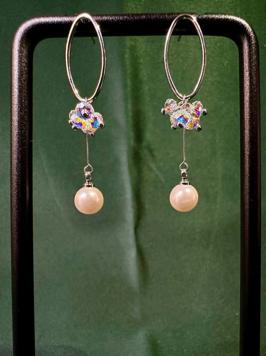 Iridescent Crystal Cluster & Pearl Drop Earrings