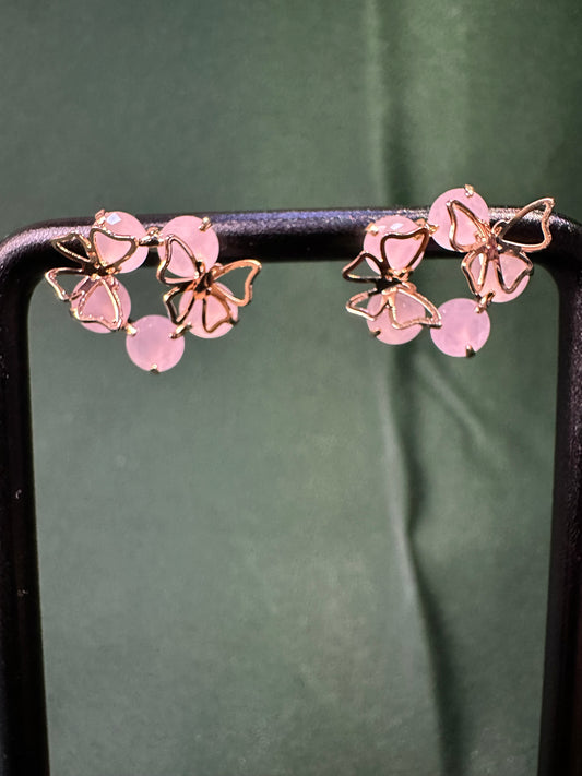 Rose Gold Pink Stone Bow Cluster Earrings