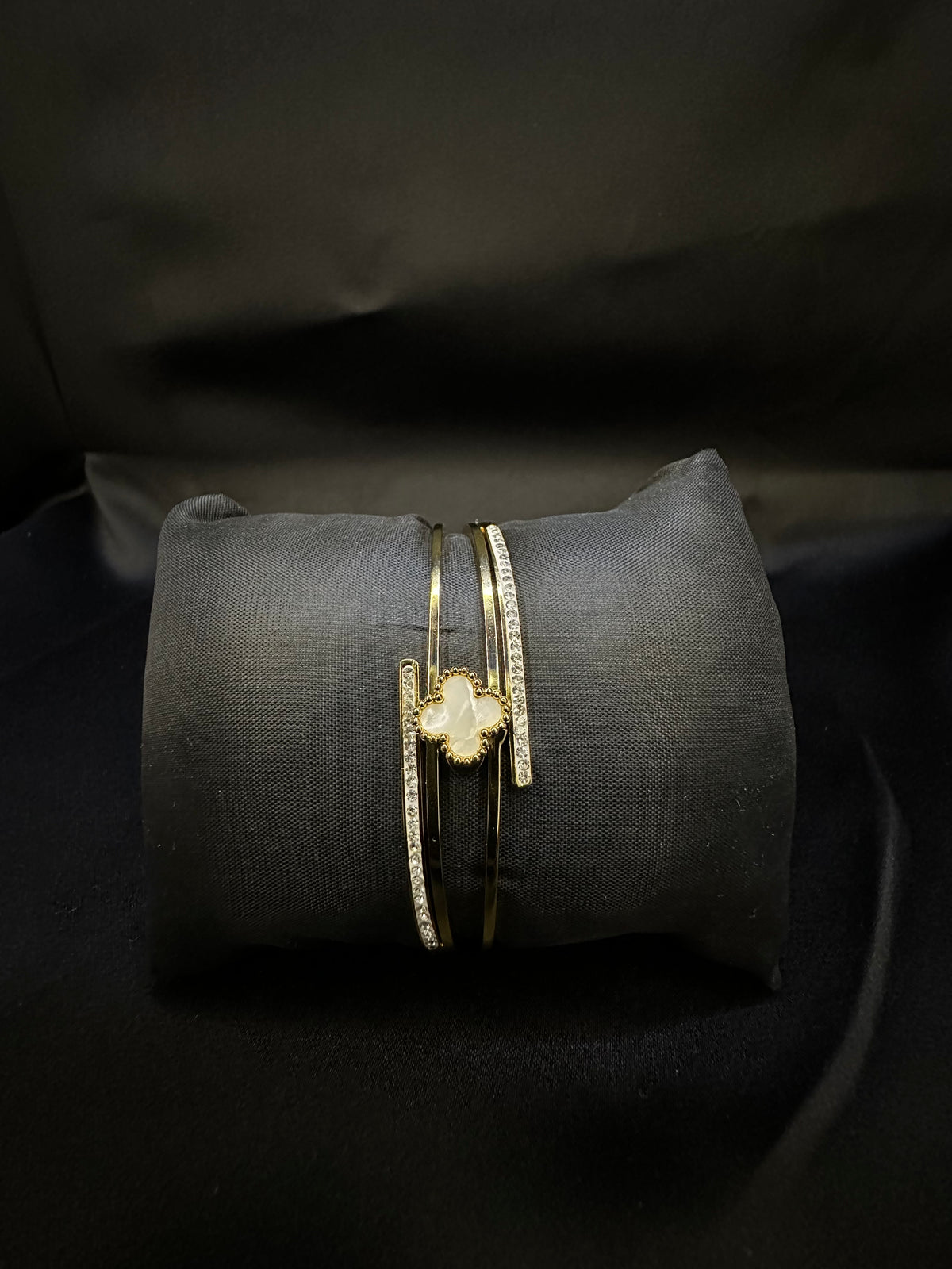 Luxury Gold-Tone Mother of Pearl Clover Open Cuff Bracelet with Zircon Crystals