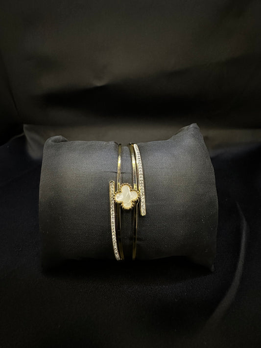 Luxury Gold-Tone Mother of Pearl Clover Open Cuff Bracelet with Zircon Crystals