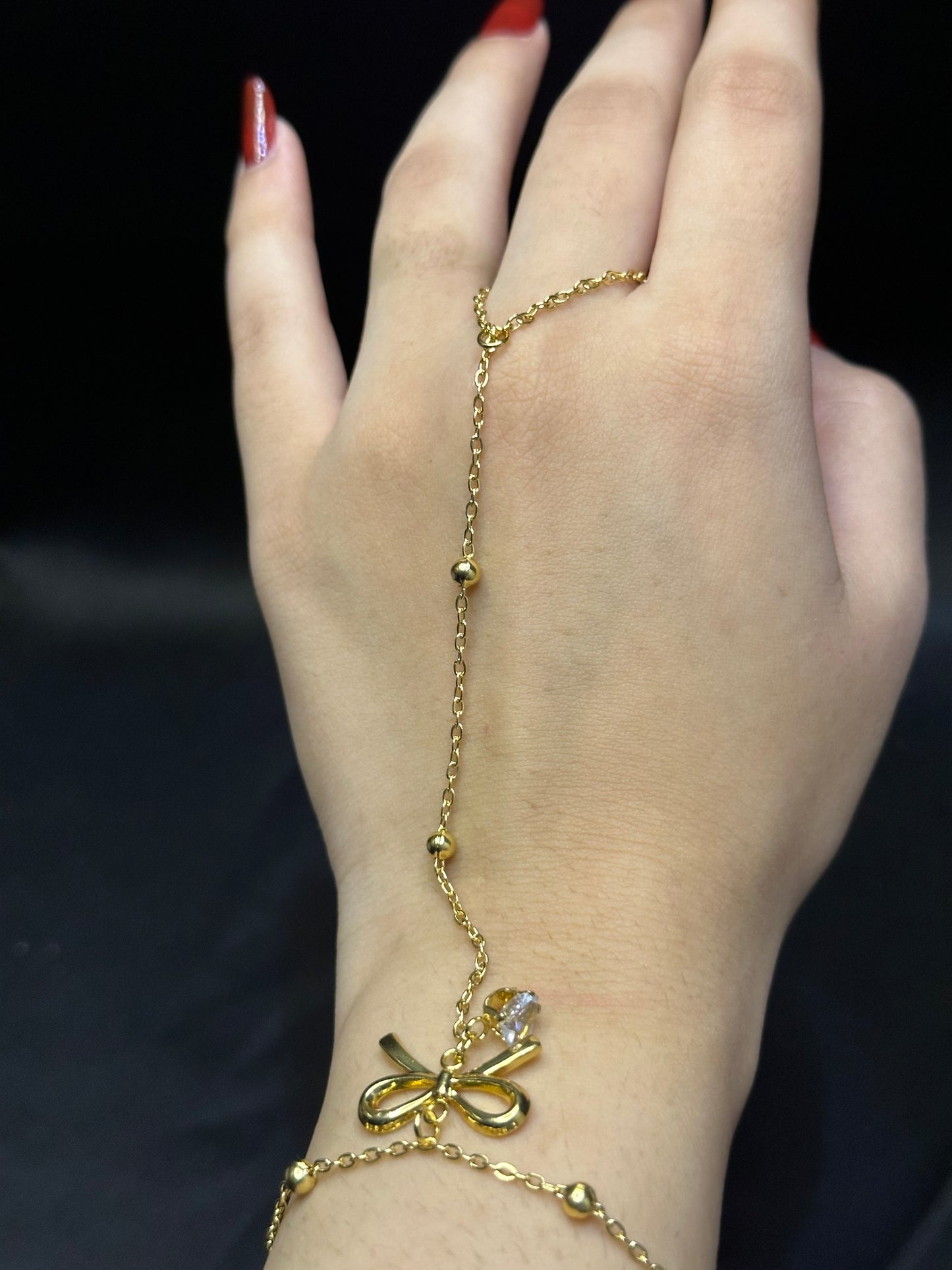 Gold Bow Charm Hand Slave Bracelet