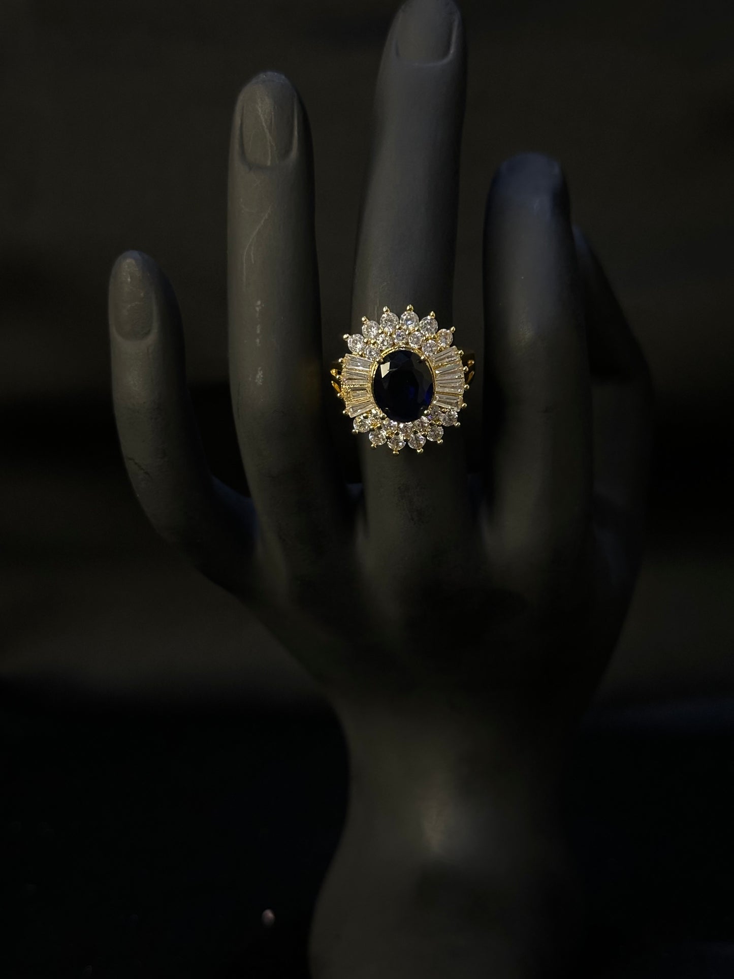 Navy Blue Sunburst Crystal Statement Ring