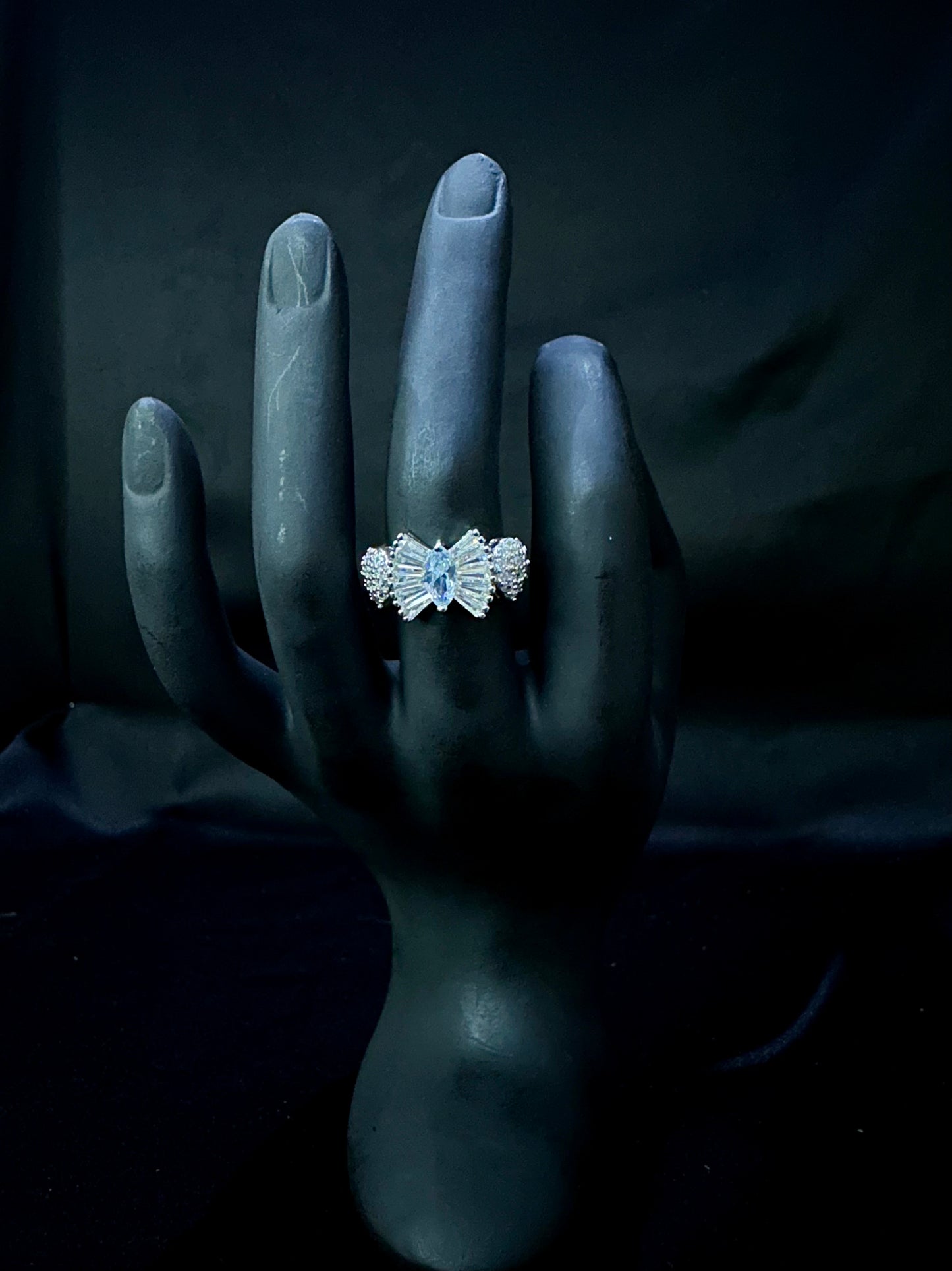 Icy Blue Bow Baguette Statement Ring