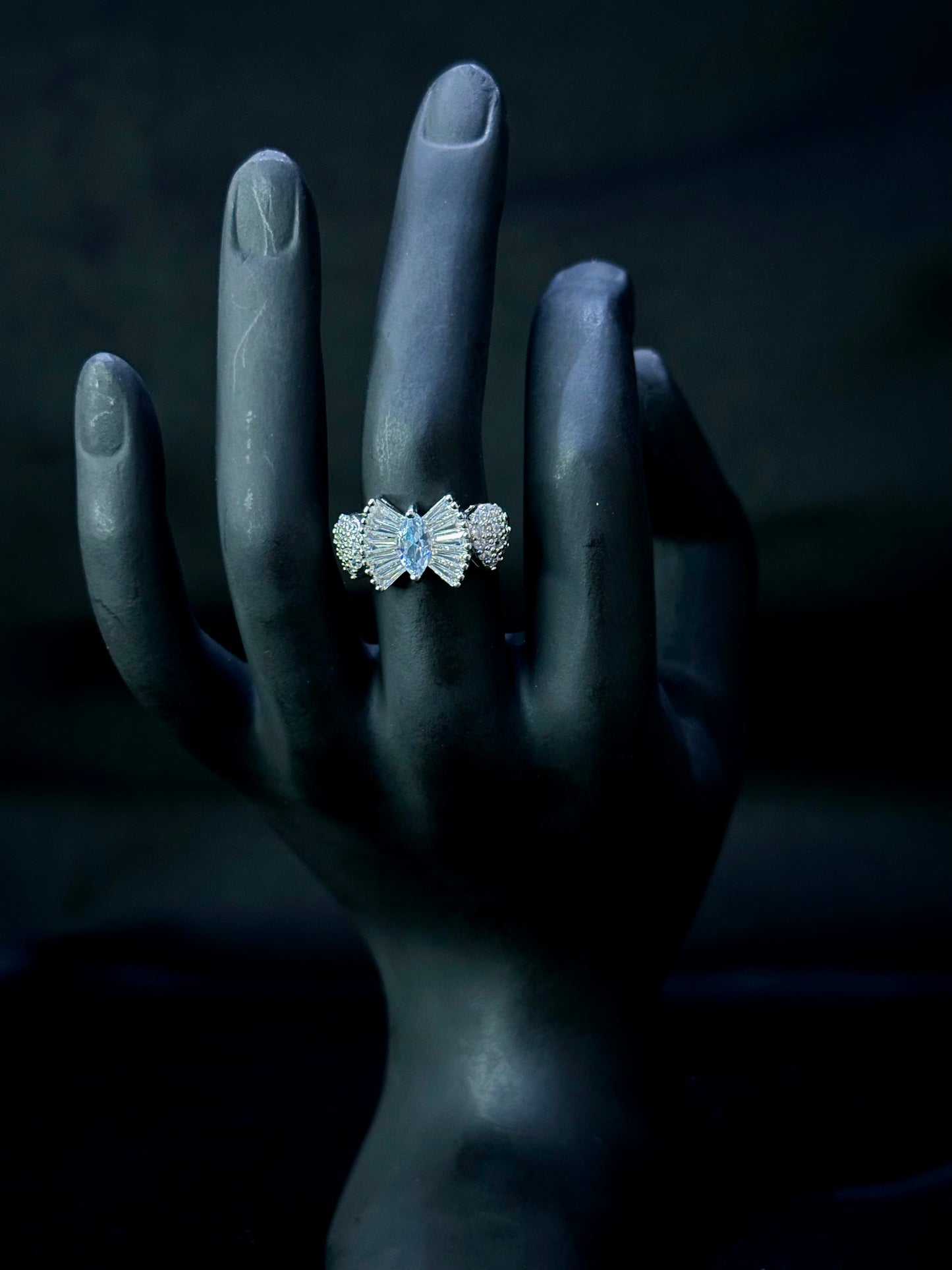 Icy Blue Bow Baguette Statement Ring
